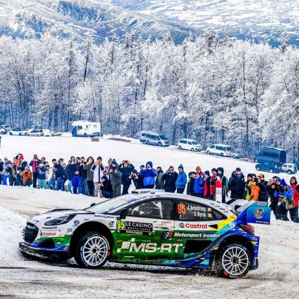 Jon Armstrong M-Sport Rally1 Ford Puma car racing through snowy landscape in Rallye Monte-Carlo