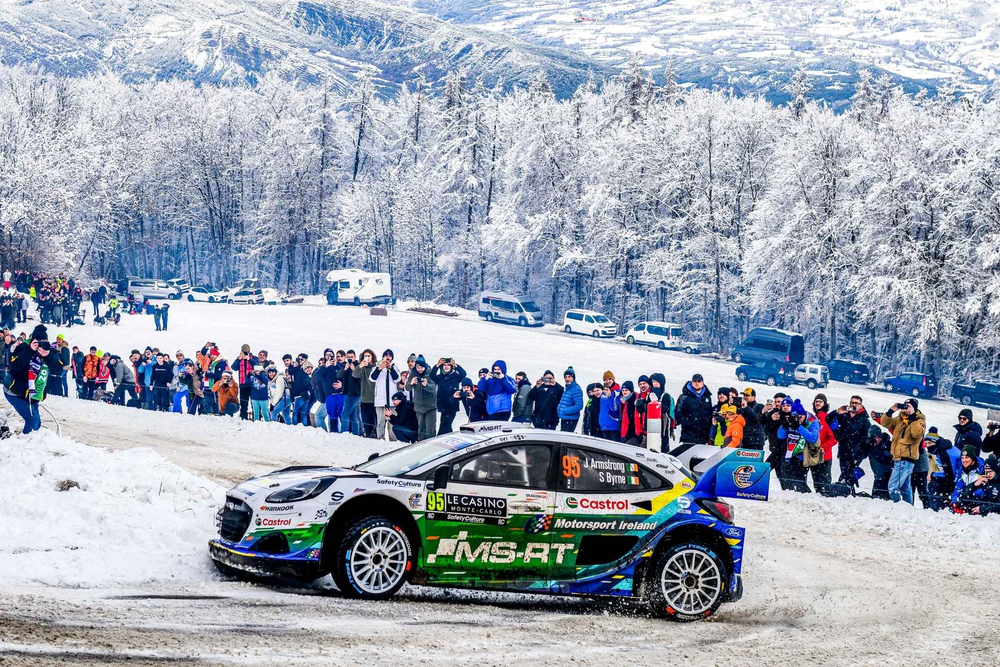 Armstrong impresses on Rally Monte-Carlo Rally1 debut 1 Jon Armstrong M-Sport Rally1 Ford Puma car racing through snowy landscape in Rallye Monte-Carlo