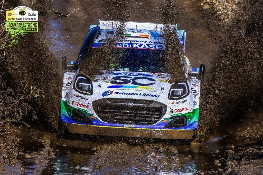 Jon Armstrong Puma Rally1 driving through mud ruts during Safari Rally Kenya Shakedown 2026