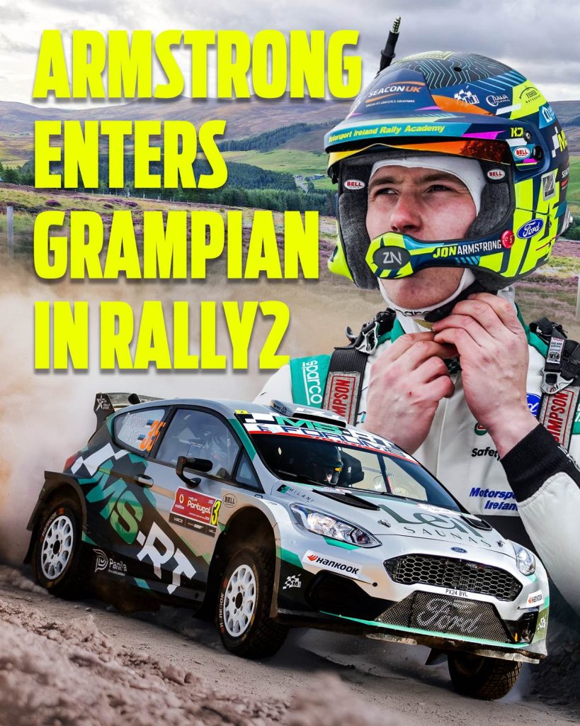 Jon Armstrong in his Motorsport Ireland Rally Academy suit beside his M-Sport Ford Fiesta Rally2, announcing his Grampian Forest Rally 2026 entry