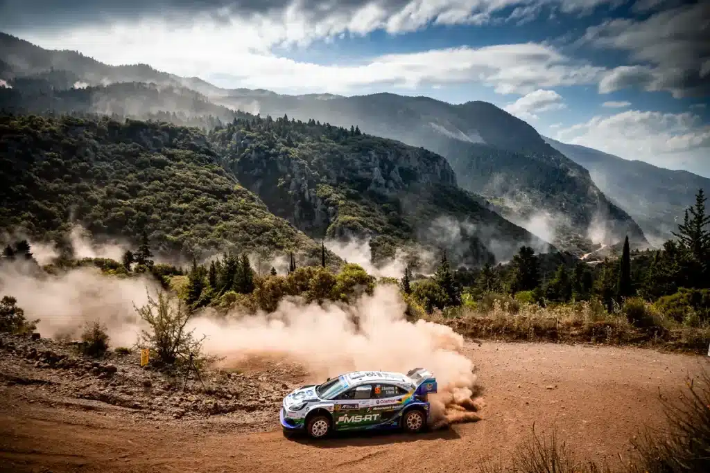 Jon Armstrong and Shane Byrne in their M-Sport Ford Puma Rally1 on a rough gravel stage at Acropolis Rally Greece 2026