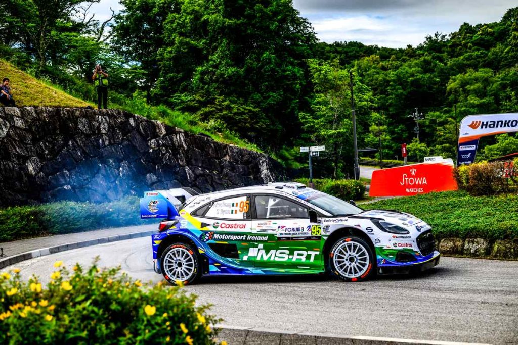 Jon Armstrong and Shane Byrne power their M-Sport Ford Puma Rally1 through a technical asphalt stage at FORUM8 WRC Rally Japan 2026
