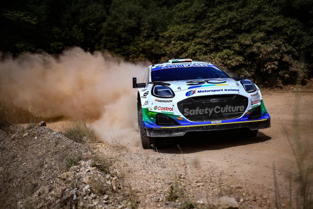 Jon Armstrong and Shane Byrne power their M-Sport Ford Puma Rally1 through a fast gravel forest stage at WRC Rally Estonia 2026