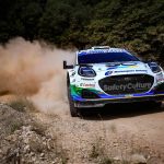 Jon Armstrong and Shane Byrne power their M-Sport Ford Puma Rally1 through a fast gravel forest stage at WRC Rally Estonia 2026
