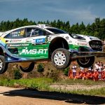 Jon Armstrong and Shane Byrne launch their M-Sport Ford Puma Rally1 over a jump in front of the crowds at Rally Estonia 2026