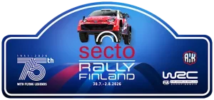 Secto Rally Finland 2026 official event plate logo, Round 10 of the WRC World Rally Championship, celebrating 75 years of Rally Finland