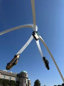 The Goodwood Festival of Speed 2026 central sculpture with cars suspended in the air in front of Goodwood House
