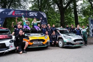 Jon Armstrong, Shane Byrne and the M-Sport team celebrate victory at the Grampian Forest Rally 2026