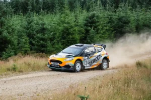 Jon Armstrong and Shane Byrne power their M-Sport Ford Fiesta Rally2 through a gravel stage at the Grampian Forest Rally 2026