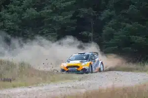Jon Armstrong and Shane Byrne kick up gravel in the M-Sport Ford Fiesta Rally2 at the Grampian Forest Rally 2026