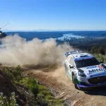 Jon Armstrong and the M-Sport Ford Puma Rally1 kick up dust on a mountain gravel stage