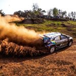 Jon Armstrong and Shane Byrne throw up a huge cloud of red dust in their number 95 M-Sport Ford Puma Rally1 on a gravel stage at WRC Rally del Paraguay 2026