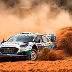 Jon Armstrong and Shane Byrne throw up a cloud of red dust in their number 95 M-Sport Ford Puma Rally1 on a gravel stage at WRC Rally Sardinia 2026, where they finished a season-best seventh